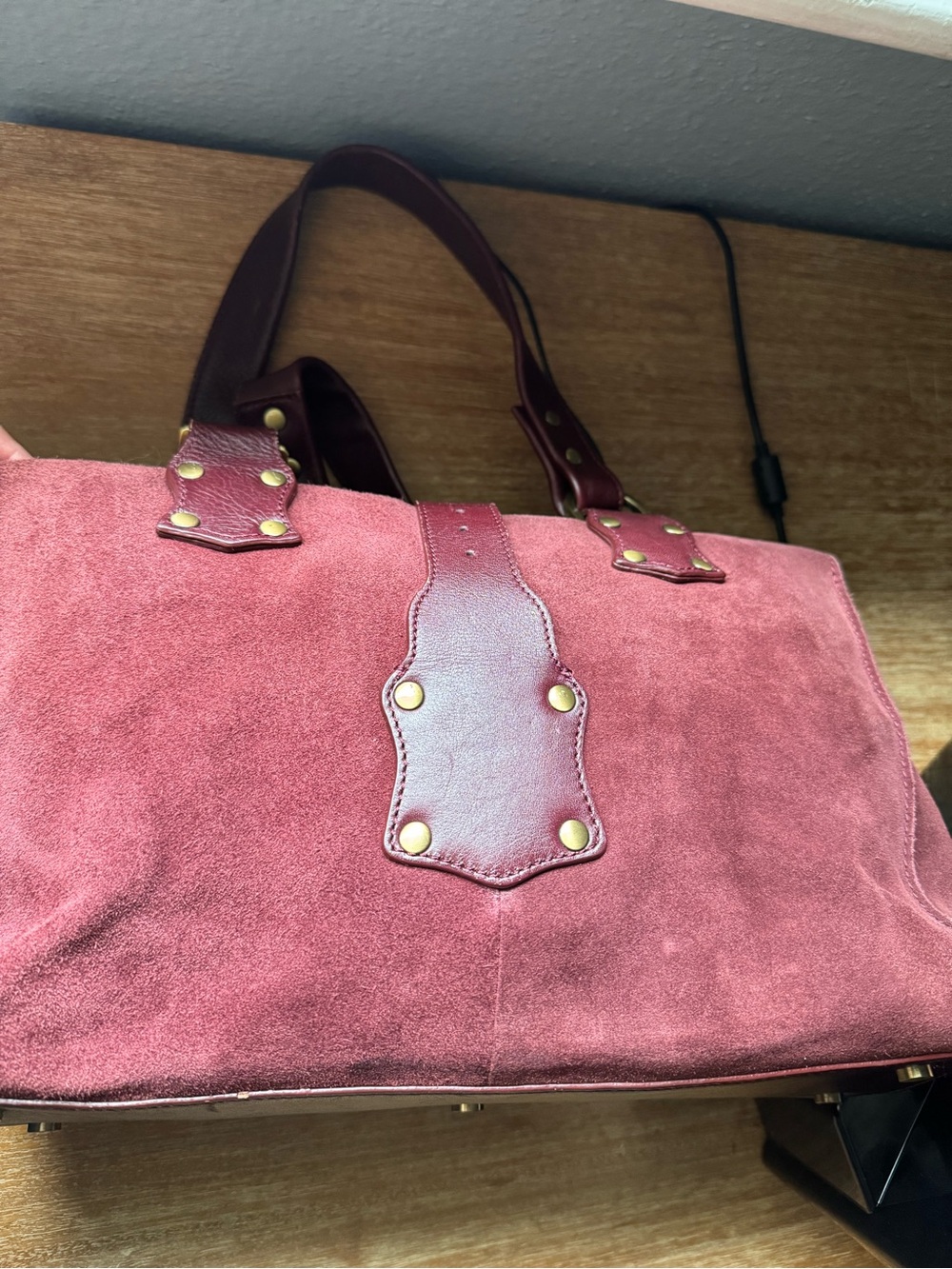 Burgundy Suede & Leather Satchel Tote with Gold Hardware - Picture 16 of 16